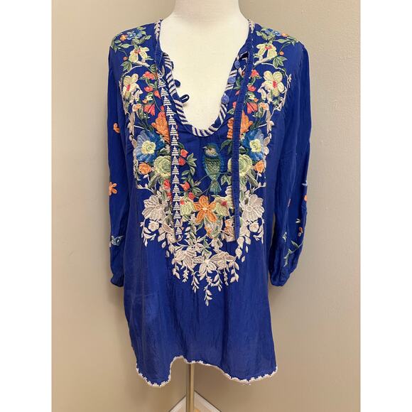 Johnny Was Taifa Blouse Royal Blue Embroidered Floral Sz Medium - Picture 2 of 8